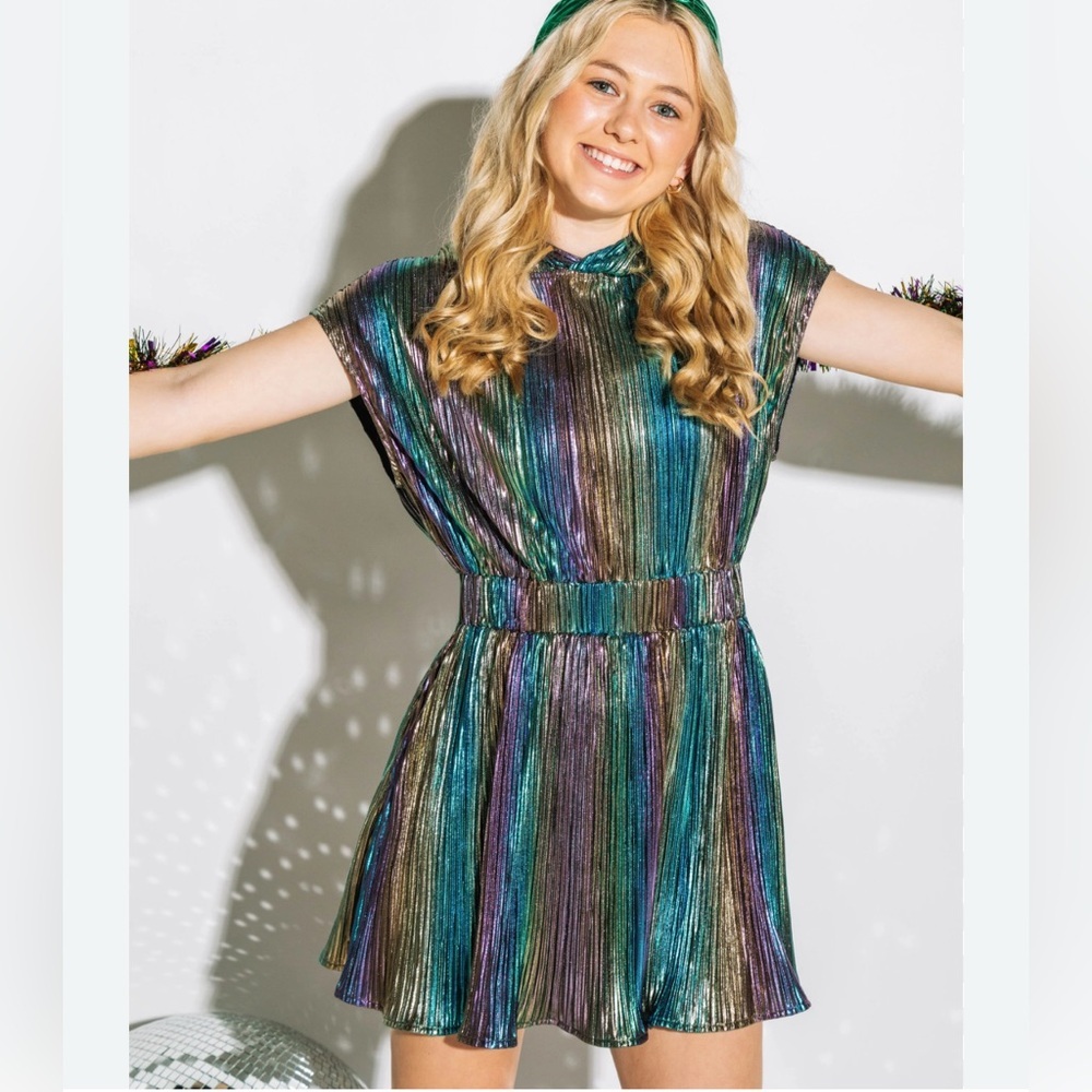 Metallic Multi-Stripe Short Dress - Green/Purple Shimmer